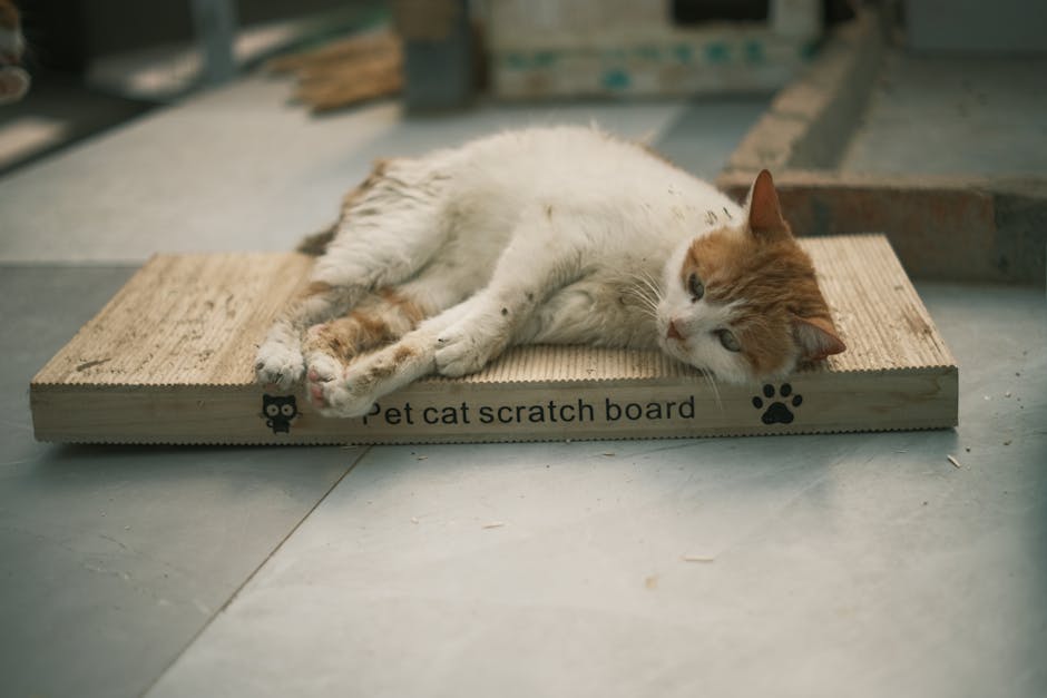 A close-up of a relaxed cat lying on a pet scratch board indoors.