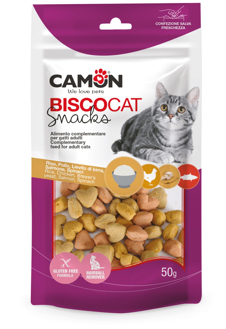 CAMON Biscocat Hrskavi biskviti za mačke – Riža, piletina, losos i spanać, 50 g (AF254)