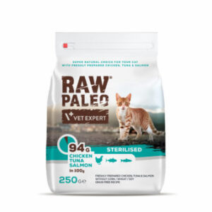 Raw Paleo Sterilised Cat (Piletina, Tunjevina & Losos) – Ultra Premium Suva Hrana za Sterilisane Mačke 250g