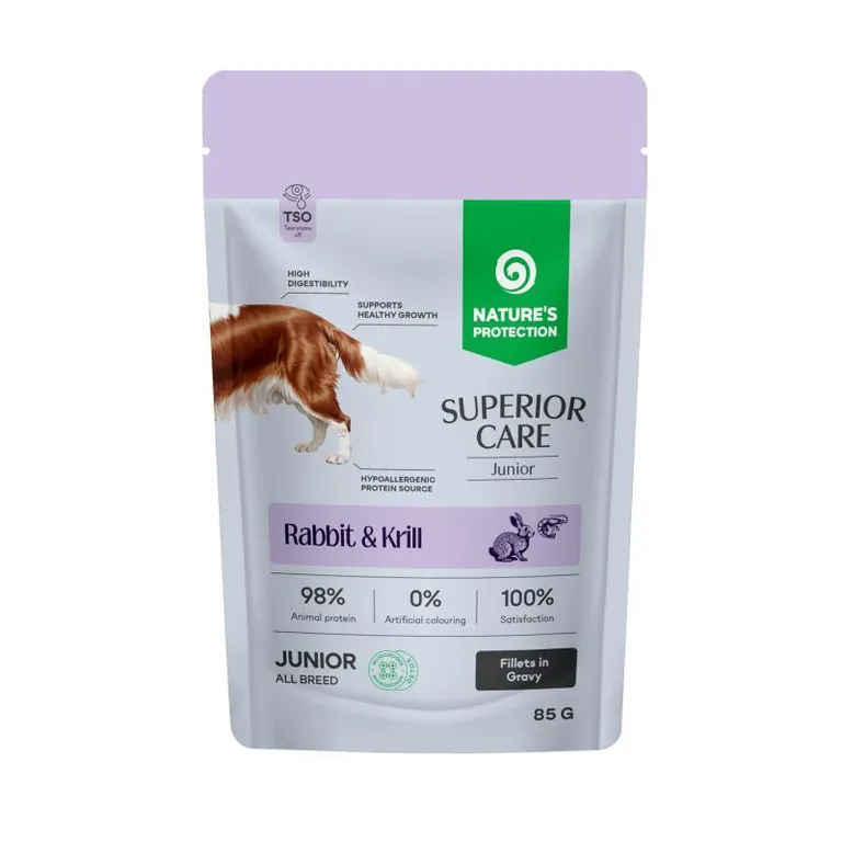 Nature's Protection Superior Care Junior Rabbit & Krill 85g – Mokra hrana za mlade pse (Fileti u sosu)